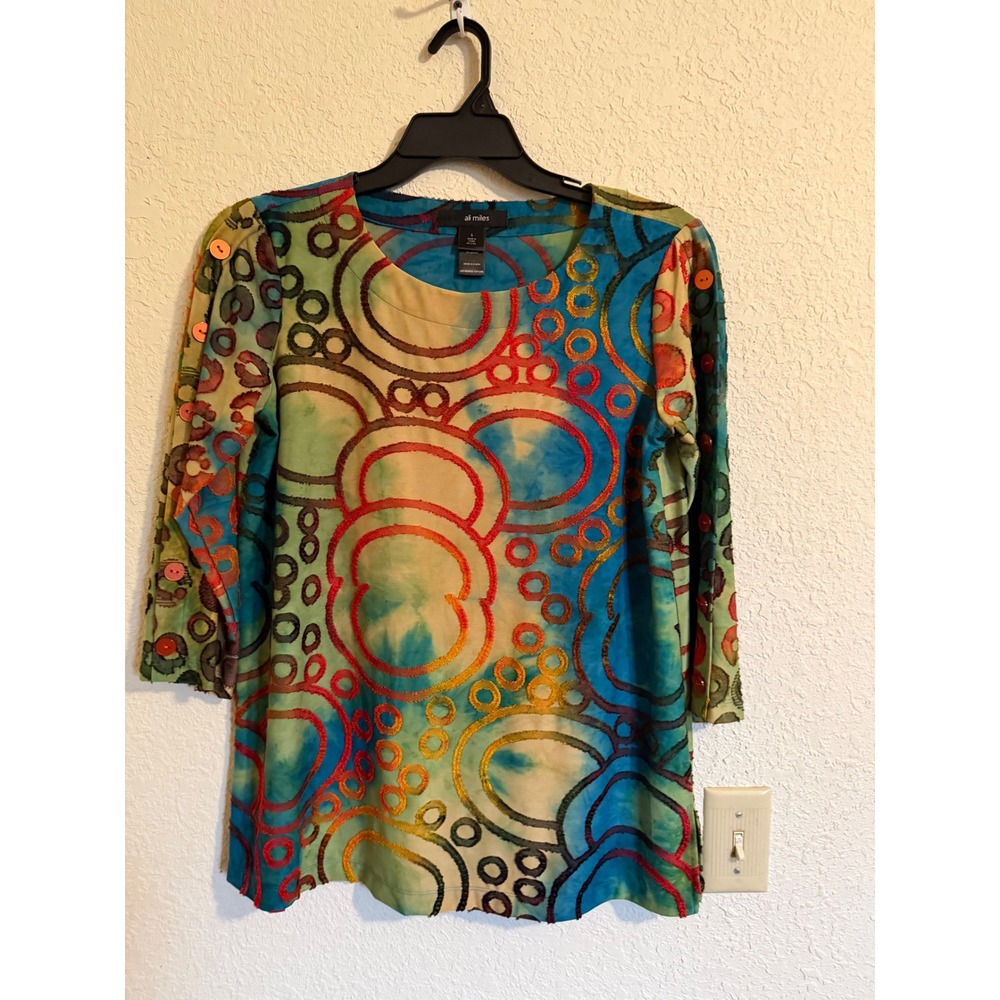 Ali Miles Womens Small Tunic Top Multi Color Textured Circle Embroidery Buttons